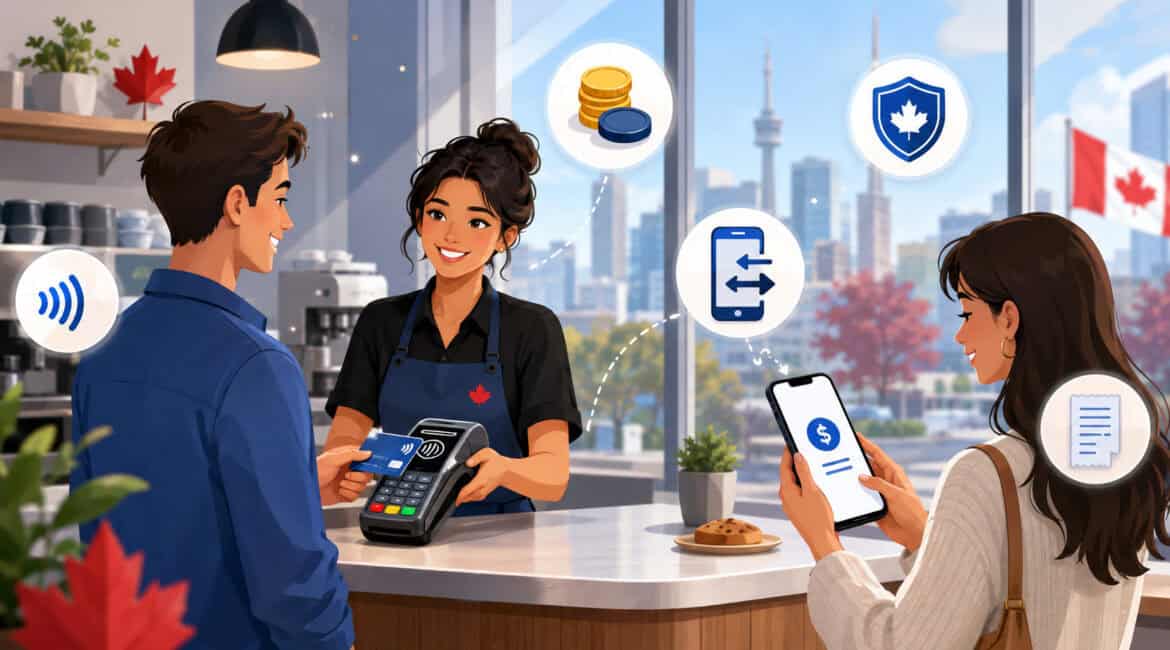 Canadian customers using debit and e-transfer payment options at a retail counter