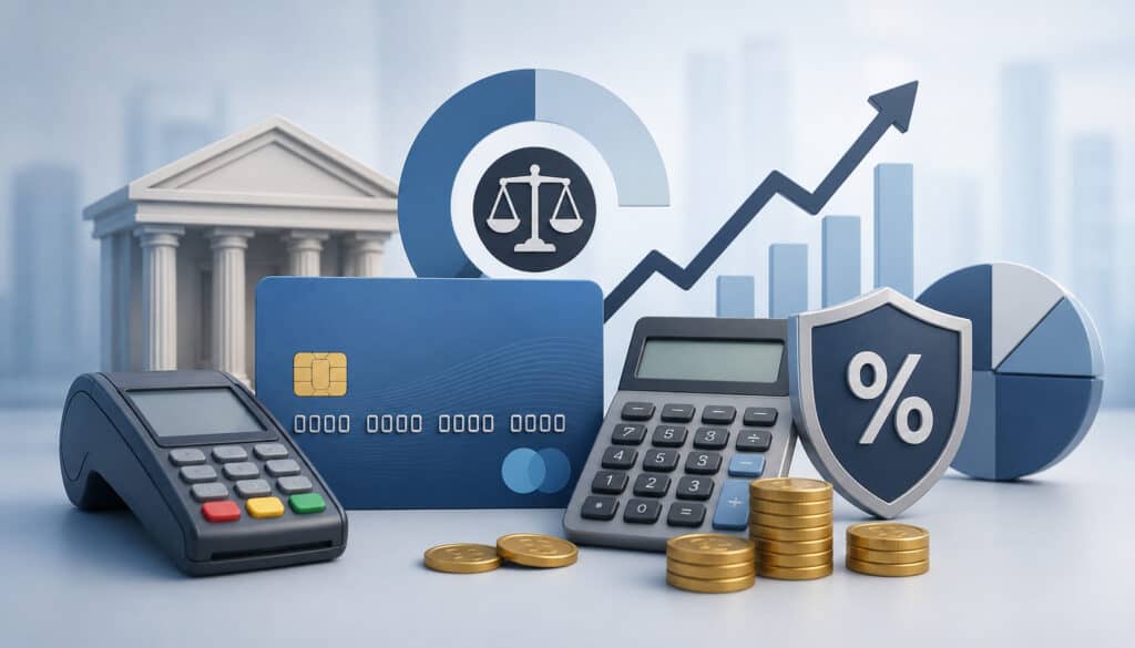 Credit card surcharge calculation with payment terminal, calculator, and percentage icon