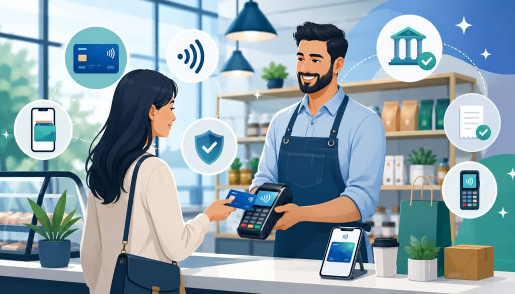 Customer using a contactless debit card at a business payment terminal