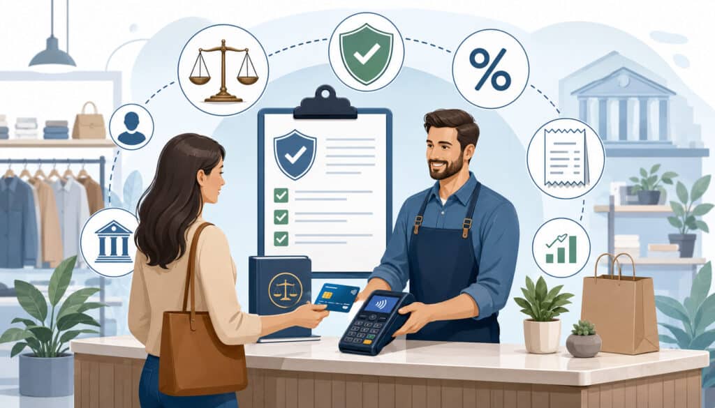 Merchant surcharging compliance with payment terminal, rules checklist, and legal icons