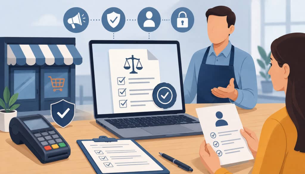 Merchant reviewing customer disclosure and compliance requirements with payment terminal and security icons